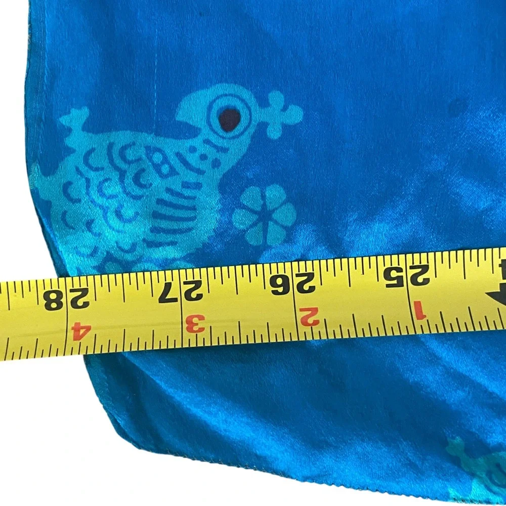 Blue Silk Square Scarf Bird Floral Pattern Turquoise Satin Finish 28x28